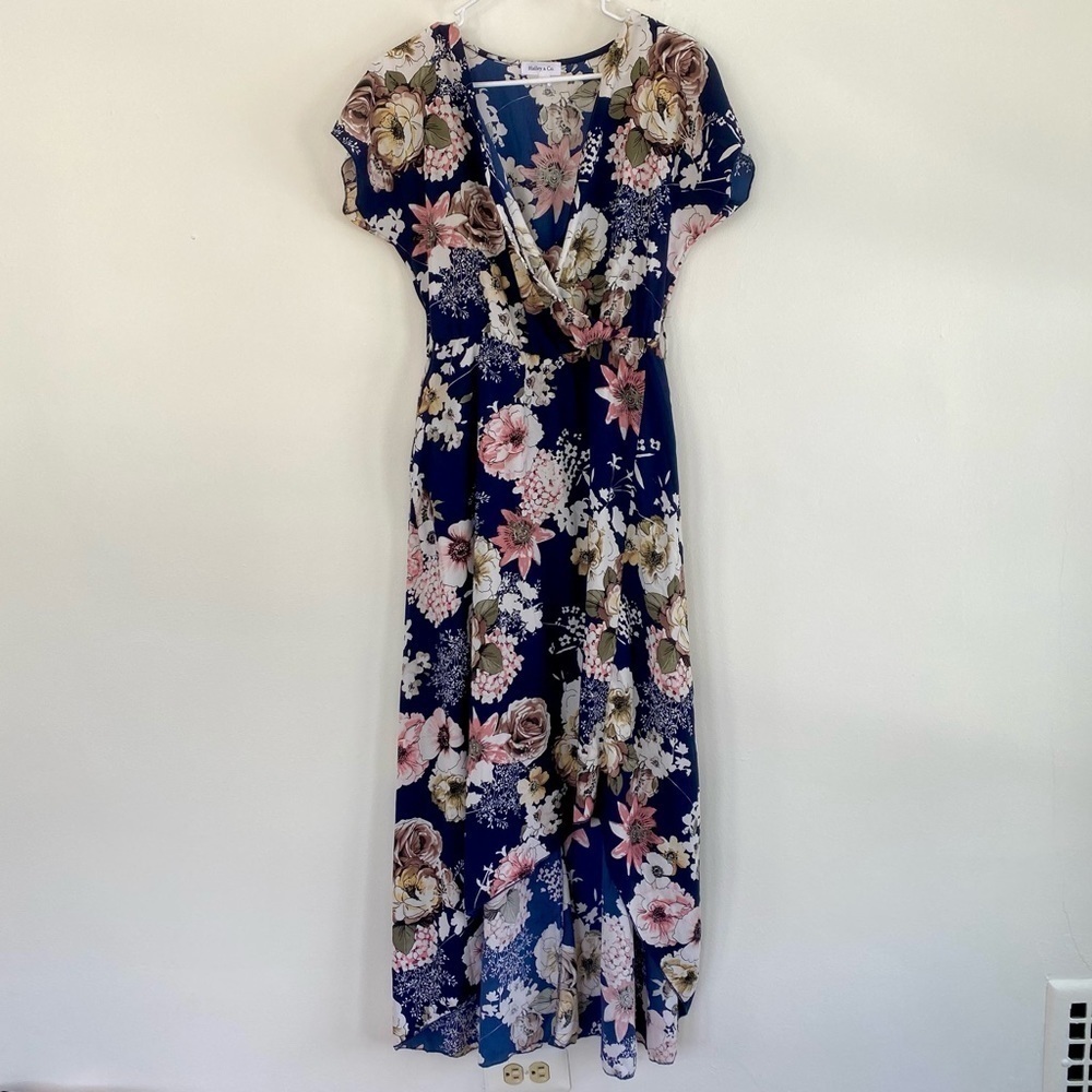 Hailey & Co Blue Floral High Low Maxi Dress Wrap Short Sleeve w/ Belt